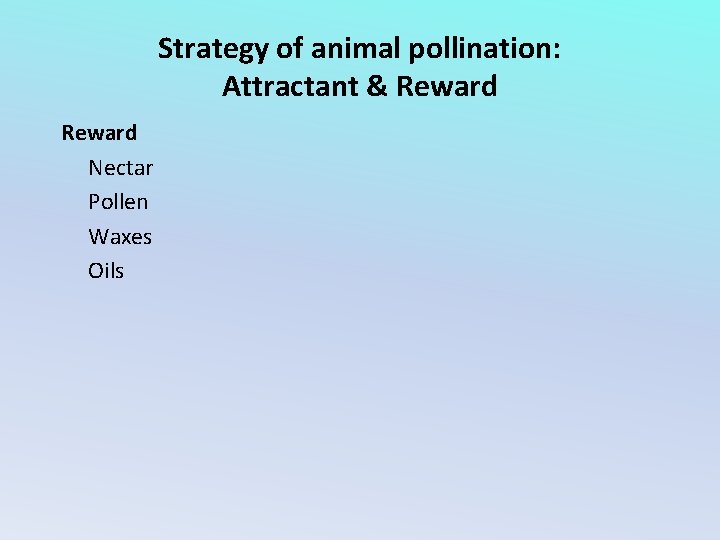 Strategy of animal pollination: Attractant & Reward Nectar Pollen Waxes Oils 