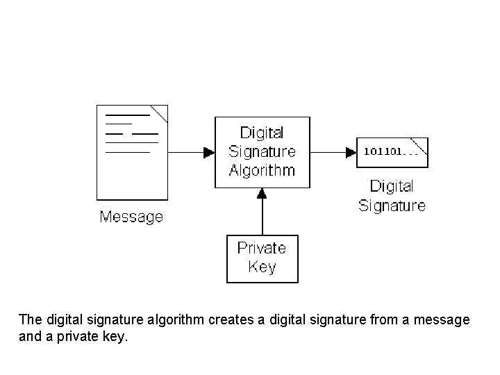 The digital signature algorithm creates a digital signature from a message and a private