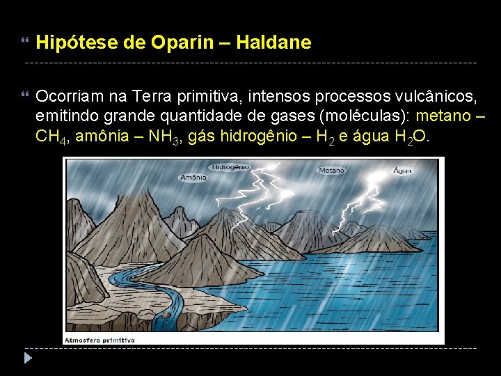  Hipótese de Oparin – Haldane Ocorriam na Terra primitiva, intensos processos vulcânicos, emitindo