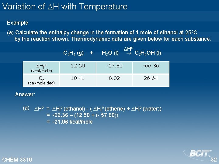 Variation of H with Temperature Example (a) Calculate the enthalpy change in the formation