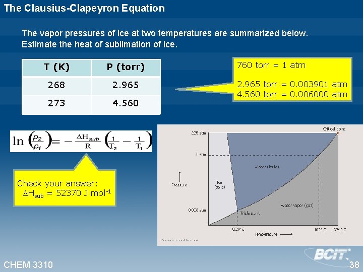 The Clausius-Clapeyron Equation The vapor pressures of ice at two temperatures are summarized below.