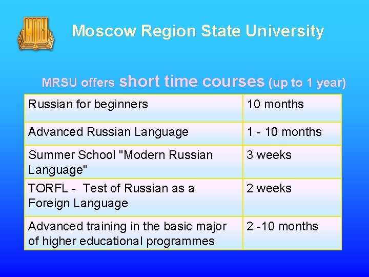 Moscow Region State University MRSU offers short time courses (up to 1 year) Russian