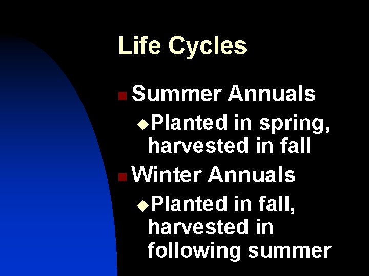 Life Cycles Summer Annuals u. Planted in spring, harvested in fall n Winter Annuals