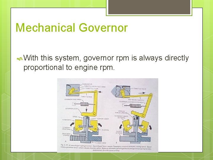 Mechanical Governor With this system, governor rpm is always directly proportional to engine rpm.