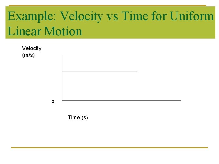 Example: Velocity vs Time for Uniform Linear Motion Velocity (m/s) o Time (s) 