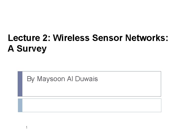 Lecture 2: Wireless Sensor Networks: A Survey By Maysoon Al Duwais 1 