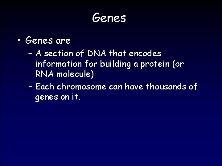 Genes • Genes are – A section of DNA that encodes information for building