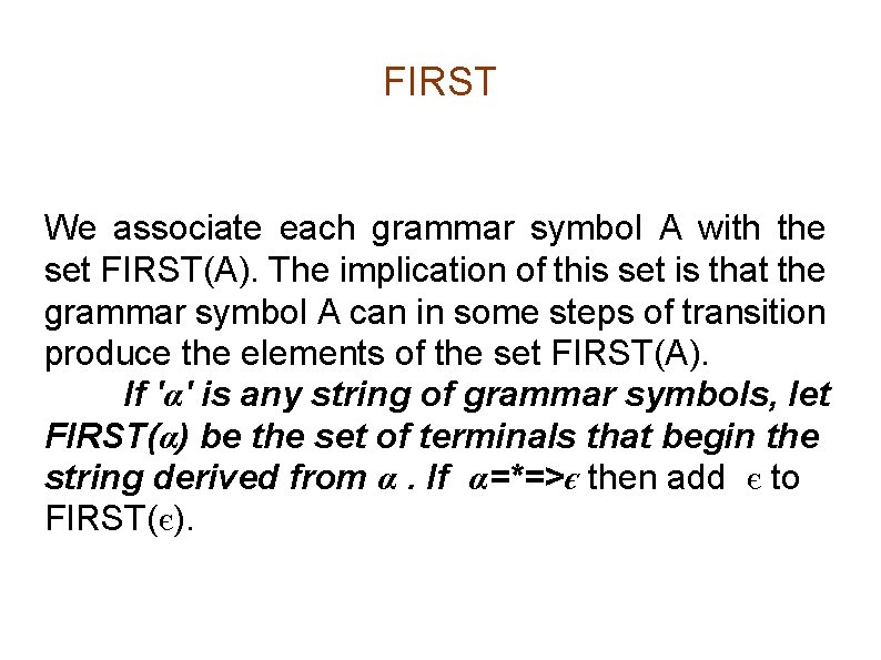 FIRST We associate each grammar symbol A with the set FIRST(A). The implication of