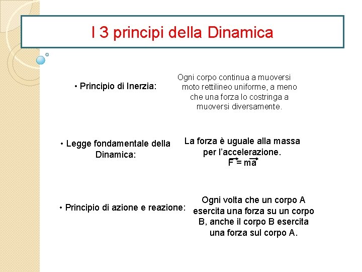 I 3 principi della Dinamica • Principio di Inerzia: • Legge fondamentale della Dinamica: