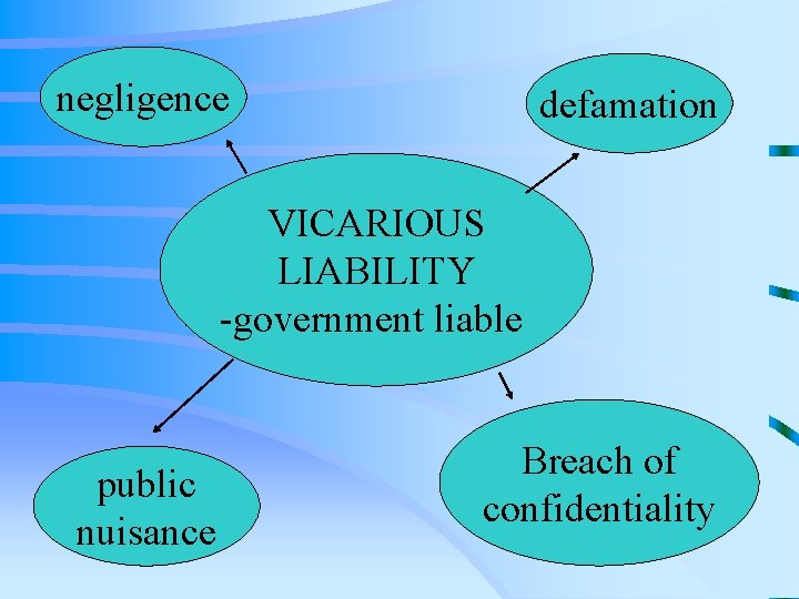 negligence defamation VICARIOUS LIABILITY -government liable public nuisance Breach of confidentiality 