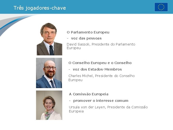 Três jogadores-chave O Parlamento Europeu - voz das pessoas David Sassoli, Presidente do Parlamento Três jogadores-chave O Parlamento Europeu - voz das pessoas David Sassoli, Presidente do Parlamento