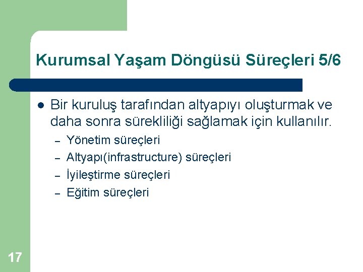 Kurumsal Yaşam Döngüsü Süreçleri 5/6 l Bir kuruluş tarafından altyapıyı oluşturmak ve daha sonra