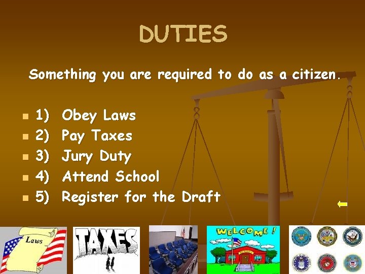 DUTIES Something you are required to do as a citizen. n n n 1)