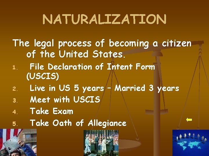 NATURALIZATION The legal process of becoming a citizen of the United States. 1. 2.