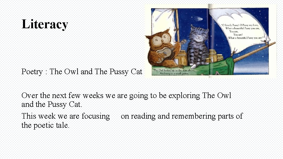 Literacy Poetry : The Owl and The Pussy Cat Over the next few weeks