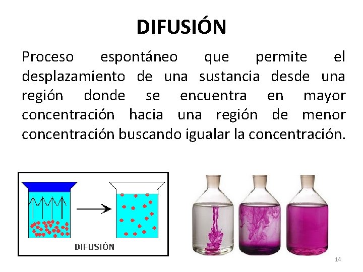 DIFUSIÓN Proceso espontáneo que permite el desplazamiento de una sustancia desde una región donde