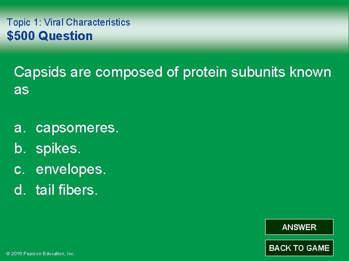 Topic 1: Viral Characteristics $500 Question Capsids are composed of protein subunits known as