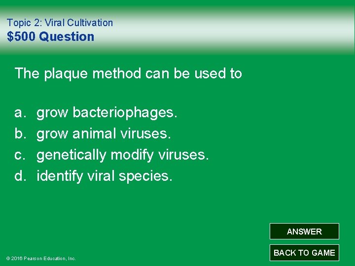 Topic 2: Viral Cultivation $500 Question The plaque method can be used to a.
