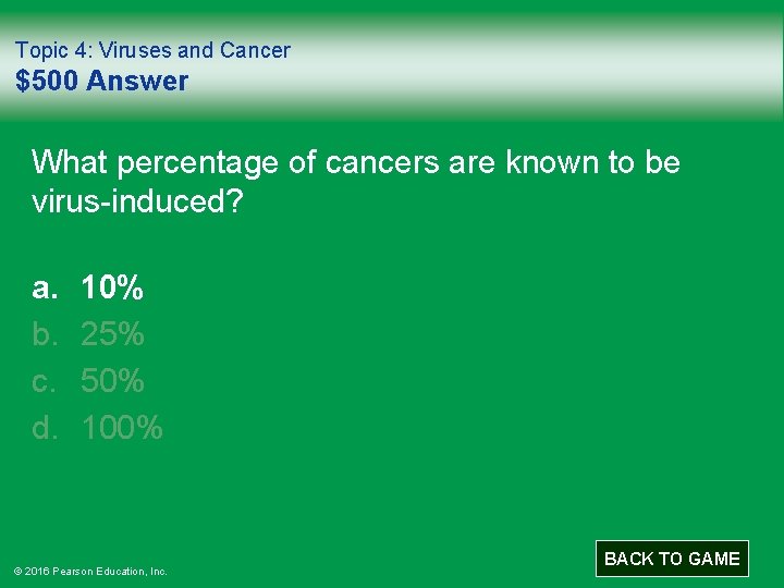 Topic 4: Viruses and Cancer $500 Answer What percentage of cancers are known to