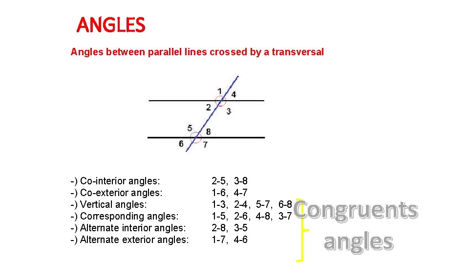 ANGLES Angles between parallel lines crossed by a transversal -) Co-interior angles: -) Co-exterior