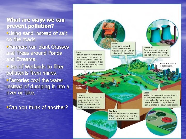 What are ways we can prevent pollution? • Using sand instead of salt on