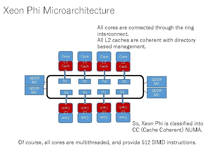 Xeon Phi Microarchitecture All cores are connected through the ring interconnect. All L 2