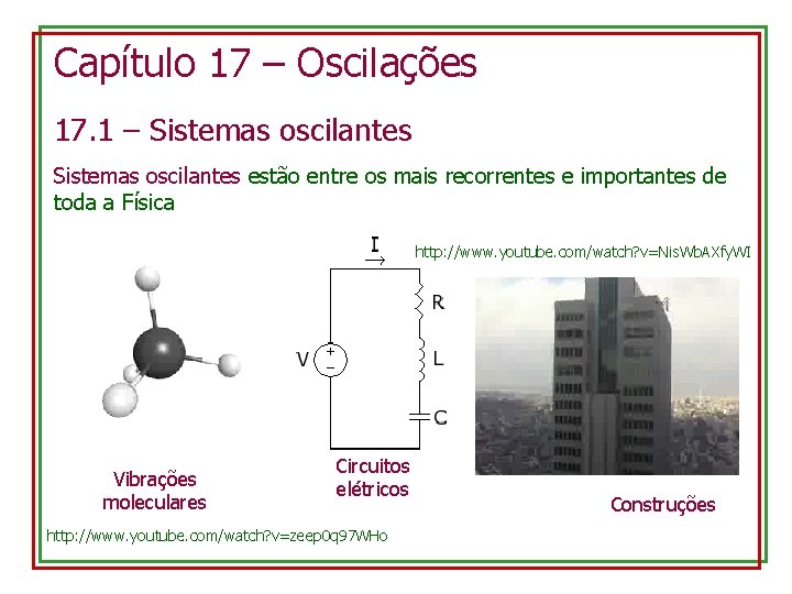 Capítulo 17 – Oscilações 17. 1 – Sistemas oscilantes estão entre os mais recorrentes