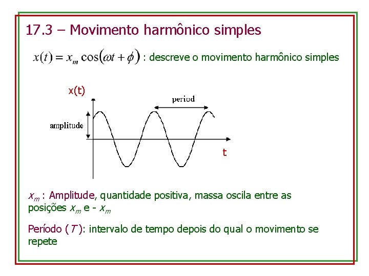 17. 3 – Movimento harmônico simples : descreve o movimento harmônico simples x(t) t