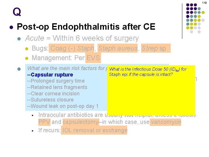 118 Q l Post-op Endophthalmitis after CE l Acute = Within 6 weeks of