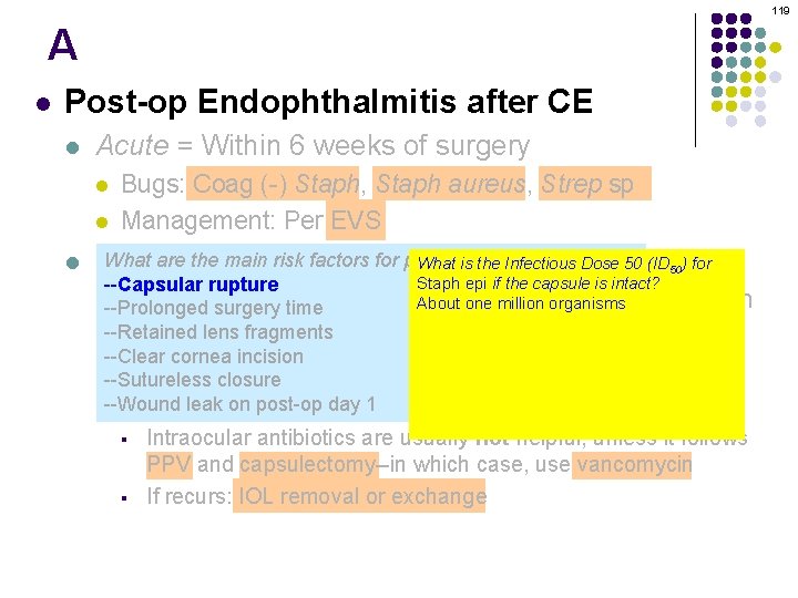 119 A l Post-op Endophthalmitis after CE l Acute = Within 6 weeks of