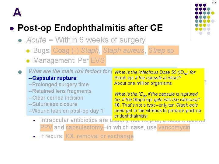 121 A l Post-op Endophthalmitis after CE l Acute = Within 6 weeks of