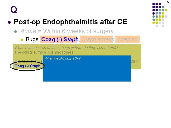 24 Q l Post-op Endophthalmitis after CE l Acute = Within 6 weeks of