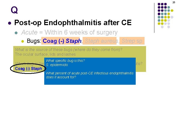 26 Q l Post-op Endophthalmitis after CE l Acute = Within 6 weeks of