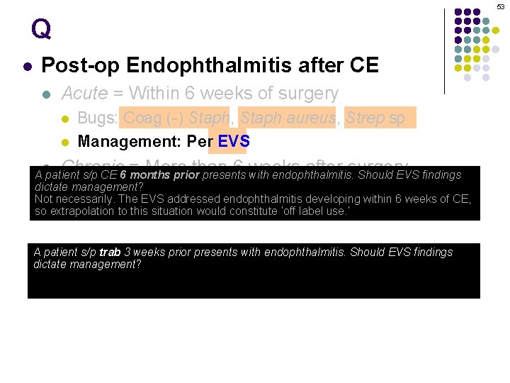 53 Q l Post-op Endophthalmitis after CE l Acute = Within 6 weeks of