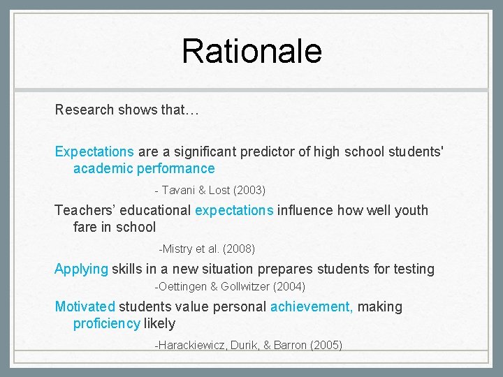 Rationale Research shows that… Expectations are a significant predictor of high school students' academic