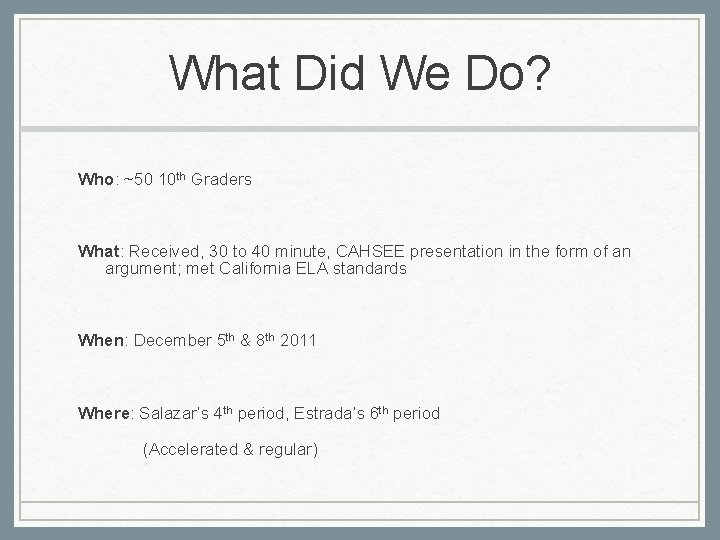 What Did We Do? Who: ~50 10 th Graders What: Received, 30 to 40