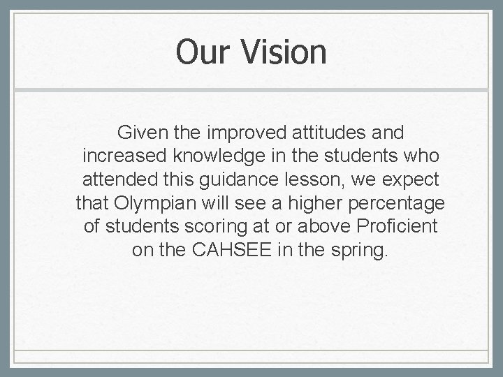 Our Vision Given the improved attitudes and increased knowledge in the students who attended