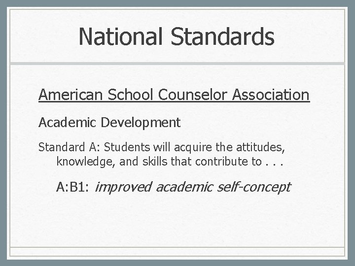 National Standards American School Counselor Association Academic Development Standard A: Students will acquire the