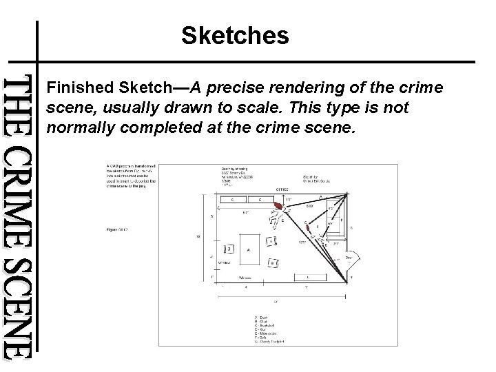 Sketches Finished Sketch—A precise rendering of the crime scene, usually drawn to scale. This