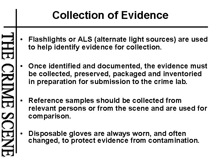 Collection of Evidence • Flashlights or ALS (alternate light sources) are used to help