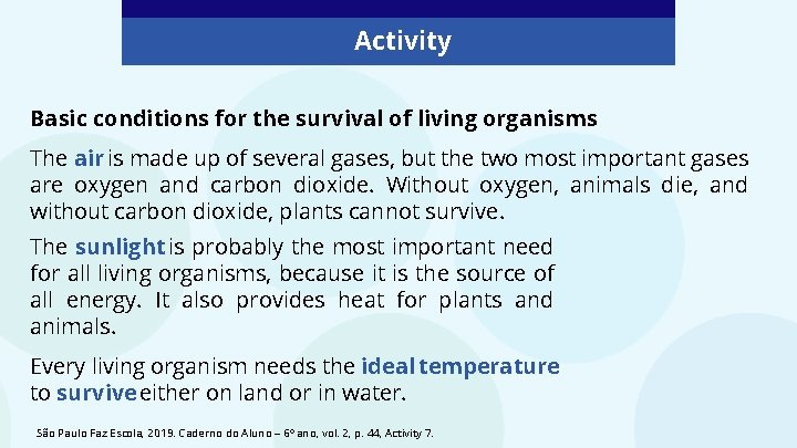 Activity Basic conditions for the survival of living organisms The air is made up Activity Basic conditions for the survival of living organisms The air is made up
