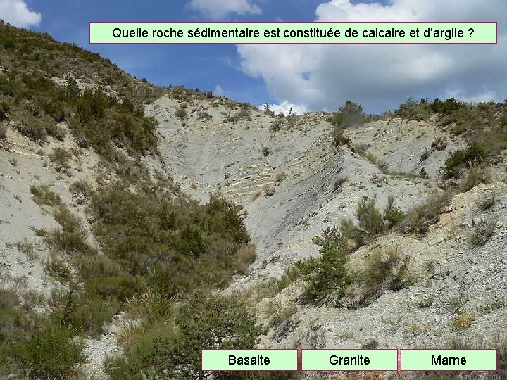 Quelle roche sédimentaire est constituée de calcaire et d’argile ? Basalte Granite Marne 