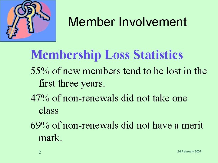 Member Involvement Membership Loss Statistics 55% of new members tend to be lost in