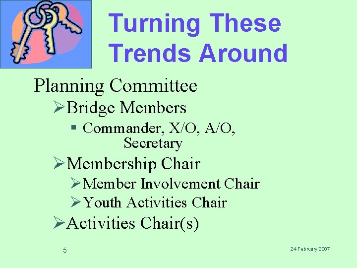 Turning These Trends Around Planning Committee ØBridge Members § Commander, X/O, A/O, Secretary ØMembership