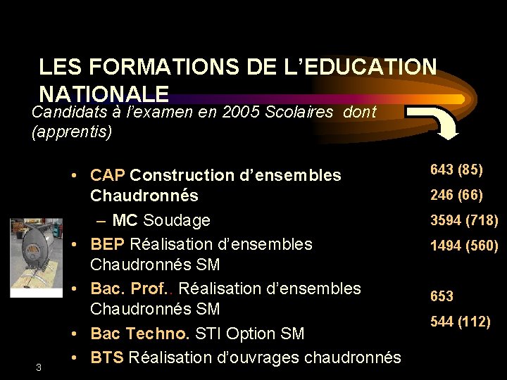 LES FORMATIONS DE L’EDUCATION NATIONALE Candidats à l’examen en 2005 Scolaires dont (apprentis) 3