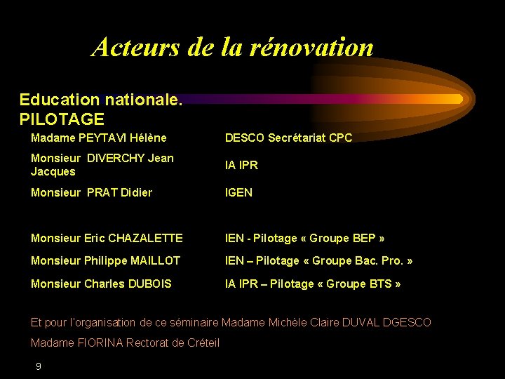 Acteurs de la rénovation Education nationale. PILOTAGE Madame PEYTAVI Hélène DESCO Secrétariat CPC Monsieur