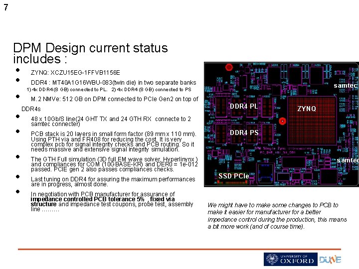 7 DPM Design current status includes : • ZYNQ: XCZU 15 EG-1 FFVB 1156