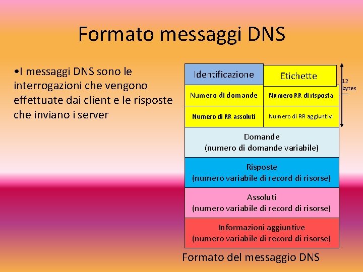 Formato messaggi DNS • I messaggi DNS sono le interrogazioni che vengono effettuate dai