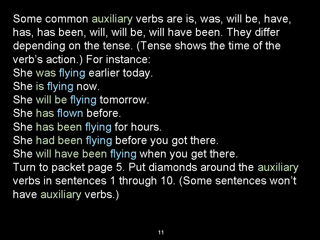 Some common auxiliary verbs are is, was, will be, have, has been, will be,