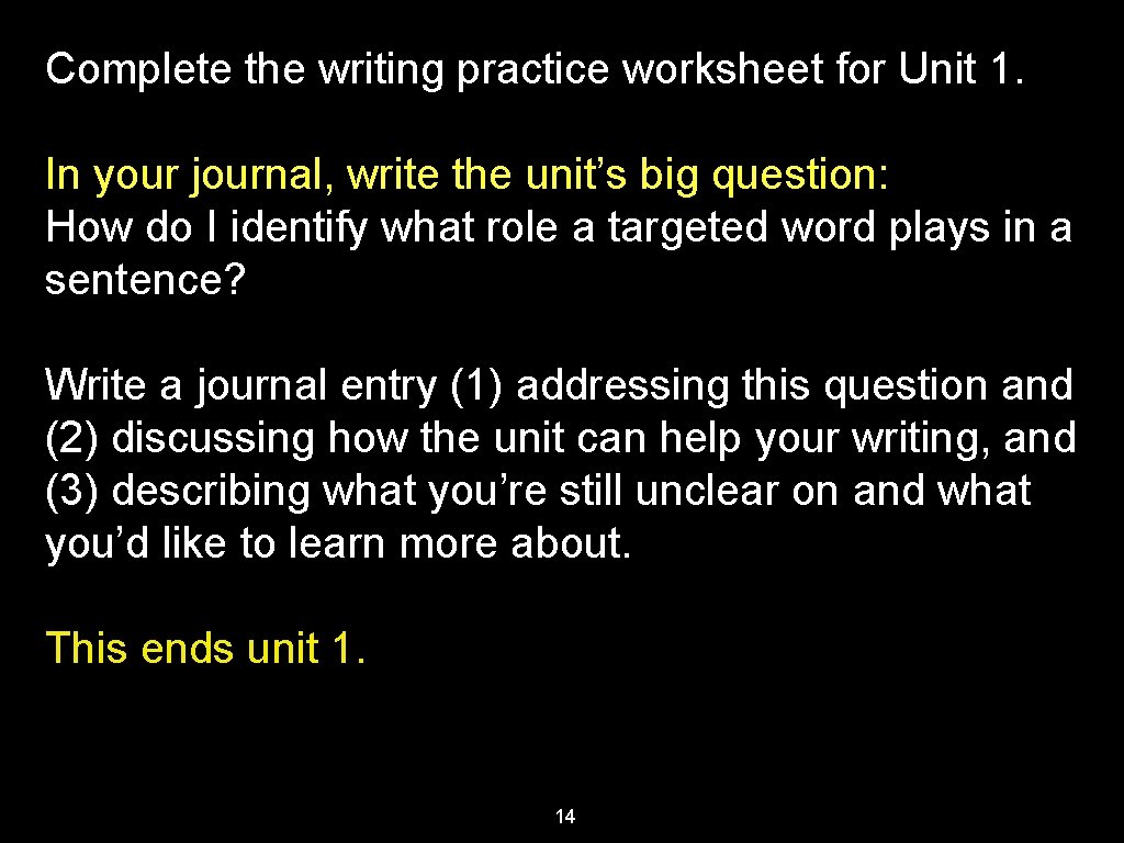Complete the writing practice worksheet for Unit 1. In your journal, write the unit’s
